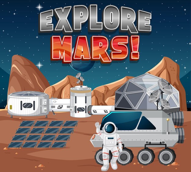 Free vector space station on planet with explore mars logo