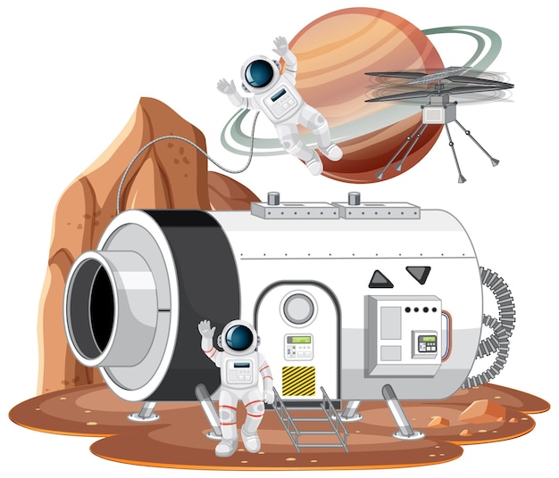 Free vector space station on planet with spaceship and astronaut