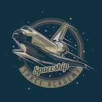Free vector space theme t-shirt label design with illustration of spaceship