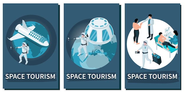 Изометрический набор космического туризма из трех вертикальных композиций с редактируемым текстом и людьми, летящими в космос векторной иллюстрацией