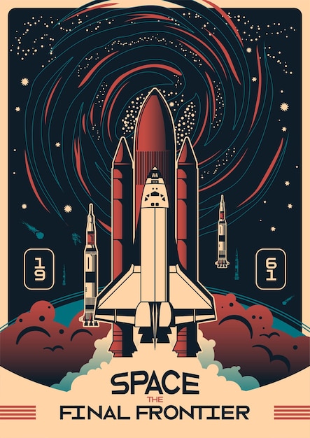 Free vector space vertical poster with rockets at night star sky background and 1961 date text