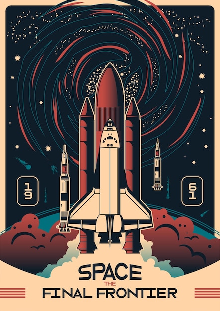 Space vertical poster with rockets at night star sky background and 1961 date text