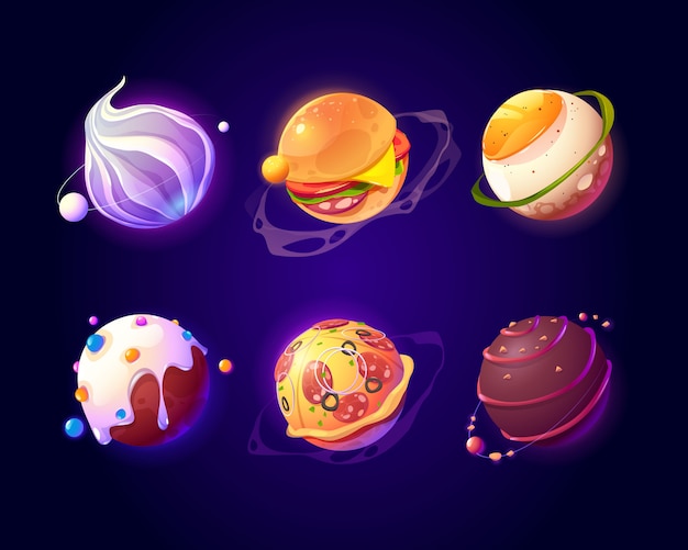 Free vector space with food planets, pizza and candy texture