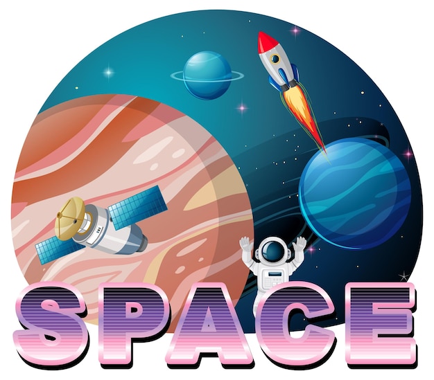 Design del logo della parola spaziale con astronauta e satellite