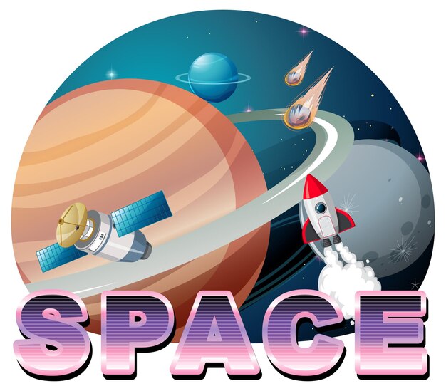 宇宙船とスペースワードのロゴデザイン