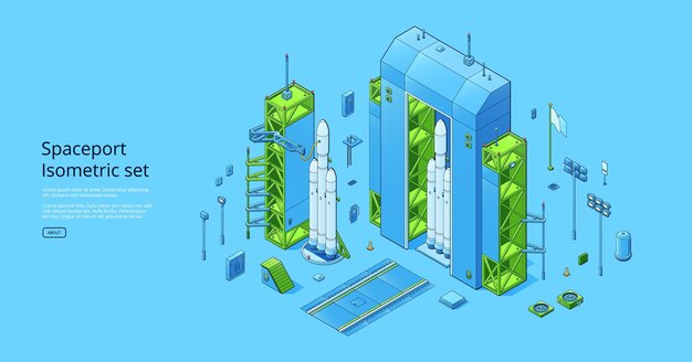 Spaceport isometric set with rocket on cosmodrome