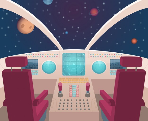 宇宙船のコックピット ダッシュボードパネルのイラストが漫画のスタイルで内部のシャトル プレミアムベクター