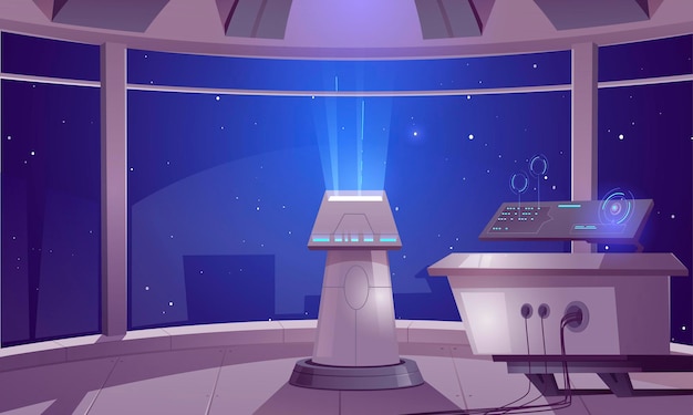 Бесплатное векторное изображение Центр управления космическим кораблем, интерьер кабины капитана с hud-панелью центра обработки данных и видом на космос из больших окон. футуристический инопланетный орлоп, кабина космического корабля, межзвездная ракета мультфильм иллюстрация