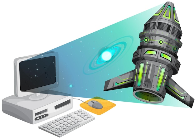 Free vector spaceship floating out of the computer screen