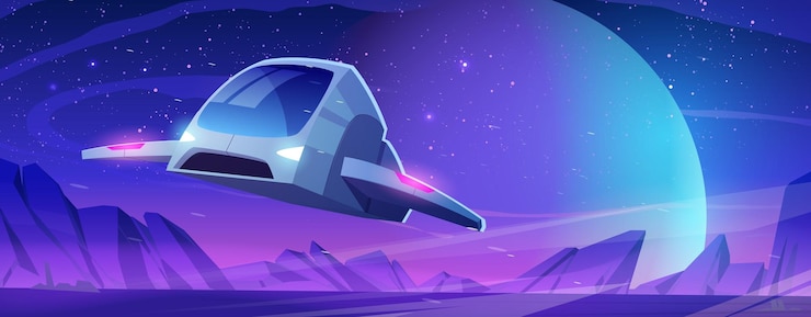 Free Vector spaceship flying above planet surface at night