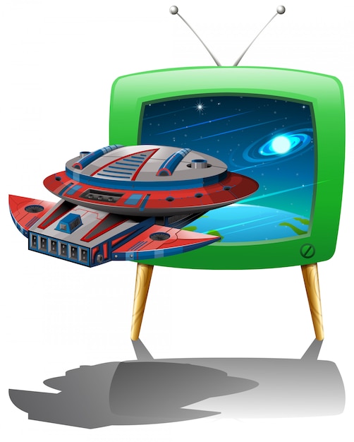 Free vector spaceship flying in the space on tv