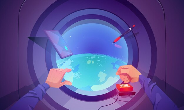 Интерьер космического корабля с видом на Землю через круглое окно. Концепция полета в шаттле для научных исследований.