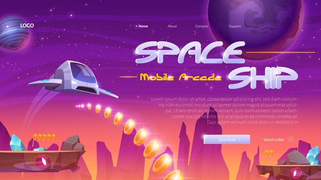 Spaceship mobile game website with rocket on universe