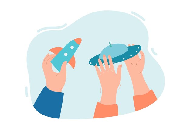 Spaceship and rocket in human hands flat vector illustration. Future, innovation, astronaut, development, exploration, science, marketing, project, strategy concept