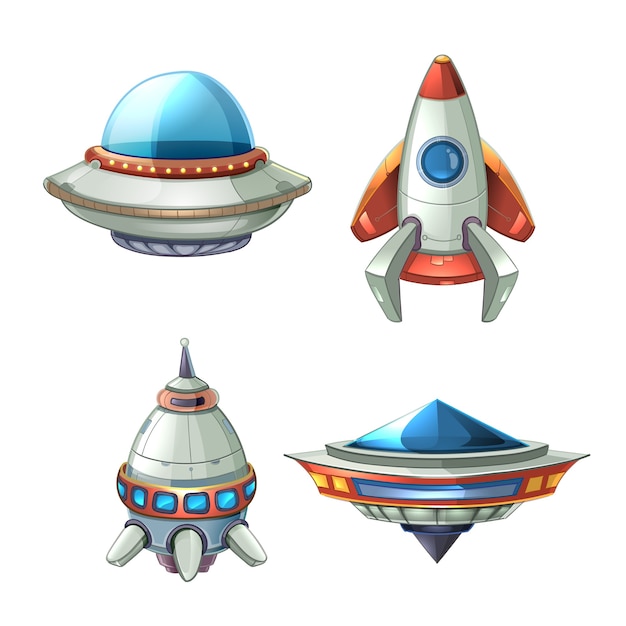 Spaceship and ufo vector set in cartoon style. rocket and spacecraft, futuristic transportation