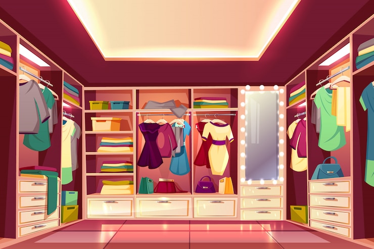 Free Vector spacious walk in closet or dressing room full of women clothes cartoon