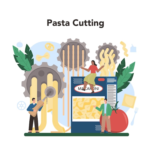 Spaghetti or pasta production industry Italian semiprocessed food manufacturing Macaroni cutting Isolated vector illustration in cartoon style