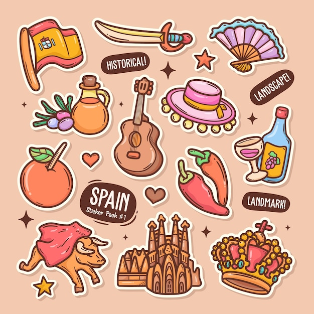 Spain cute doodle vector sticker collection