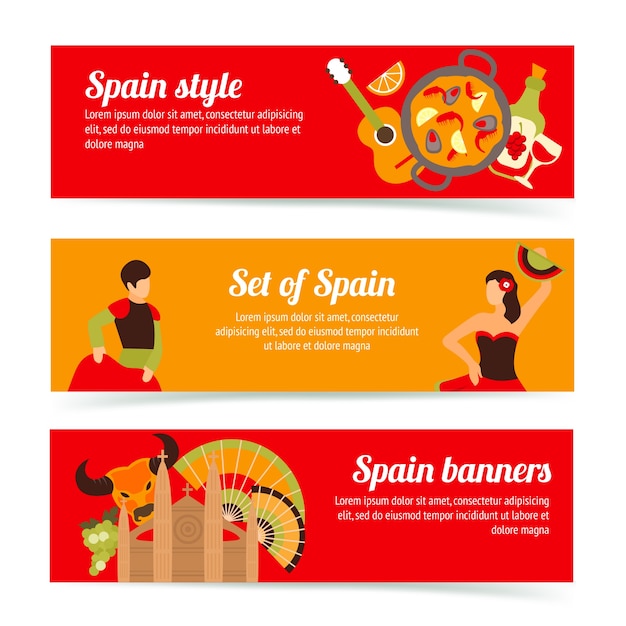 Spain travel spanish style culture wine flamenco banners set isolated vector illustration