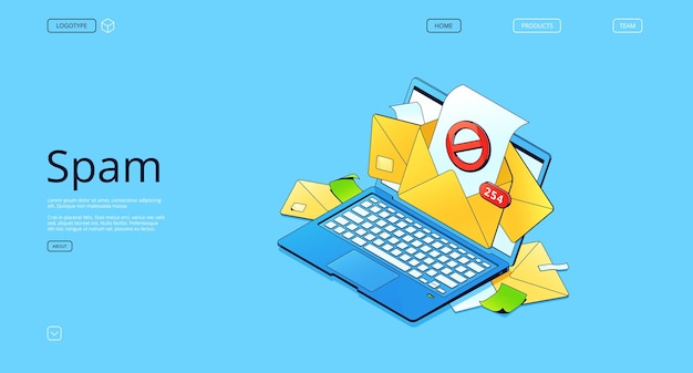 Free vector spam isometric landing page with letter envelopes on laptop screen electronic email service messages as part of business marketing or hacker attack webmail malware concept 3d vector web banner