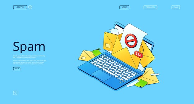 Spam isometric landing page with letter envelopes on laptop screen Electronic email service messages as part of business marketing or hacker attack Webmail malware concept 3d vector web banner