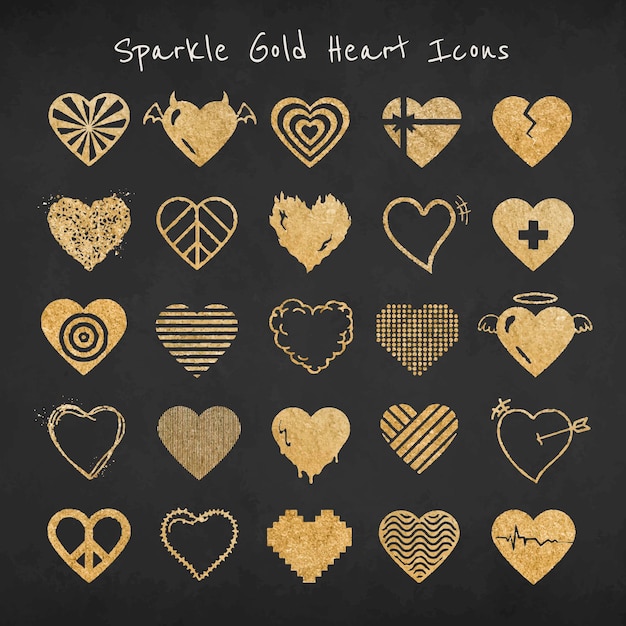 Sparkle gold heart icon vector set
