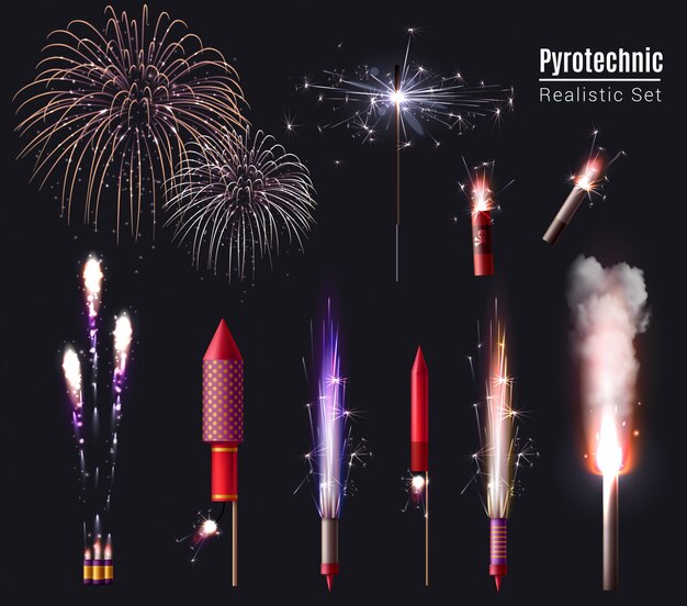 Sparkler bengal lights pyrotechnics realistic set of isolated firework display spots and pyrotechnic devices in action