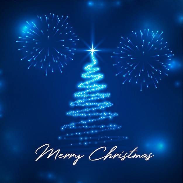 Sparkling blue merry christmas tree with firework greeting card design