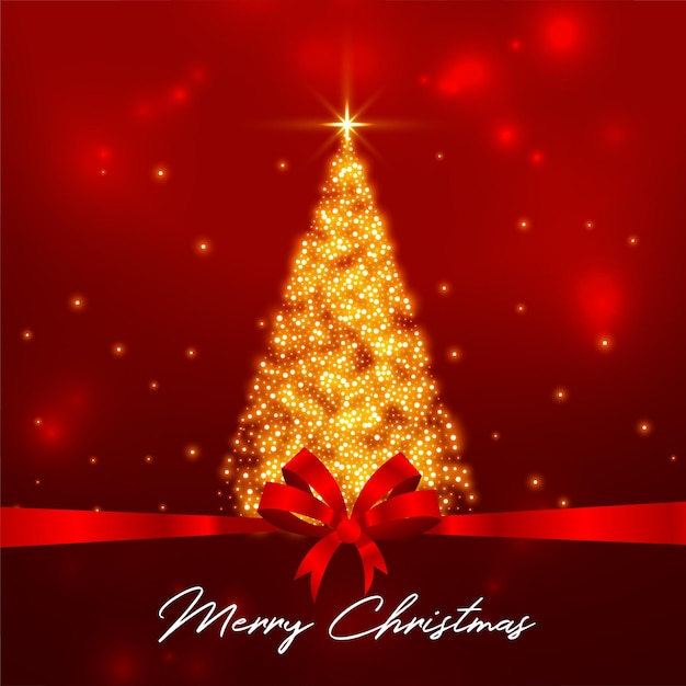 Sparkling christmas tree on red background with ribbon