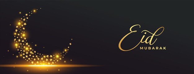 Sparkling golden moon with light effect eid mubarak banner