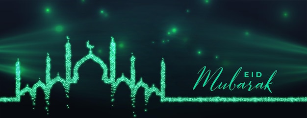 Free vector sparkling green eid mubarak banner with mosque design