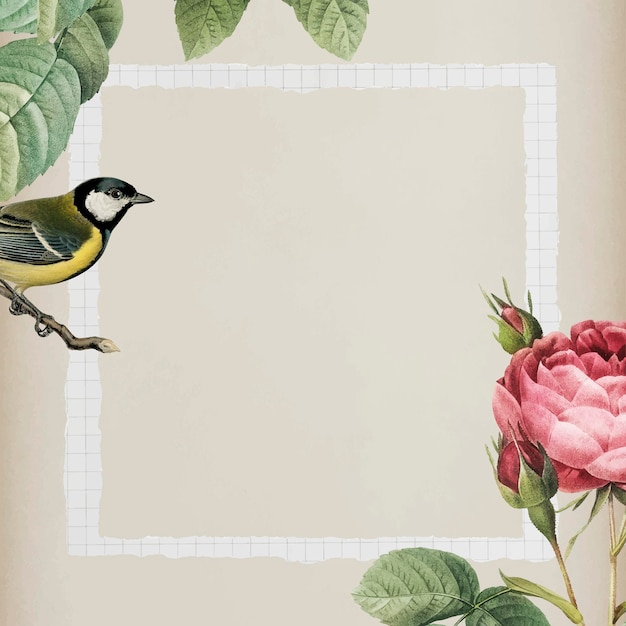 Sparkling rosebush and yellow great tit bird with a white frame on beige background