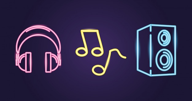 Speaker, headphones and musical note with neon style over purple Free Vector