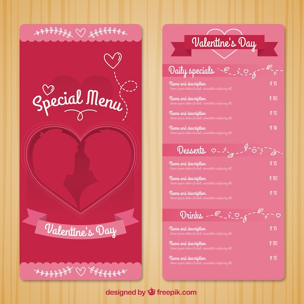 Modello di menu speciale per san valentino