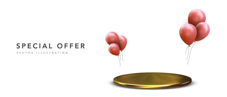 Free Vector special offer banner with 3d podium and groups balloon isolated on white background vector illustration