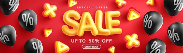 Special offer sale 50 off banner with yellow sale font and black balloons on red
