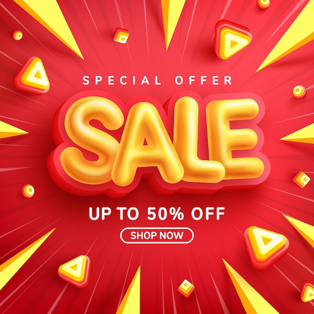 Special offer sale 50% off banner with yellow sale font on red