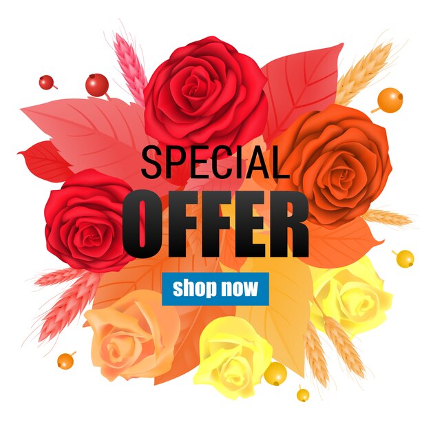 Special offer Shop now lettering with gradient roses and leaves. 