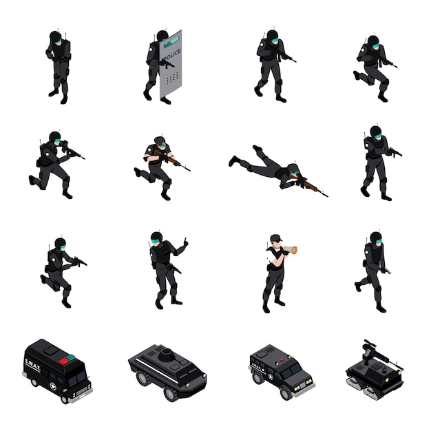 Free vector special weapons unit isometric icons collection