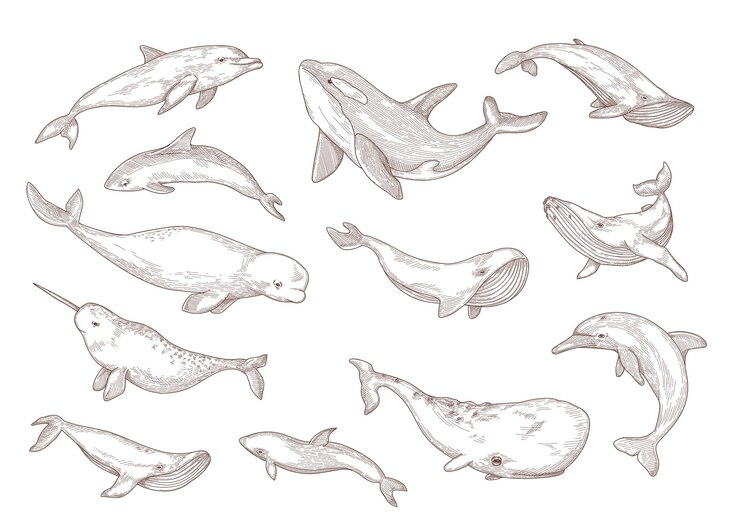 Free Vector species of whales isolated hand drawn illustration set