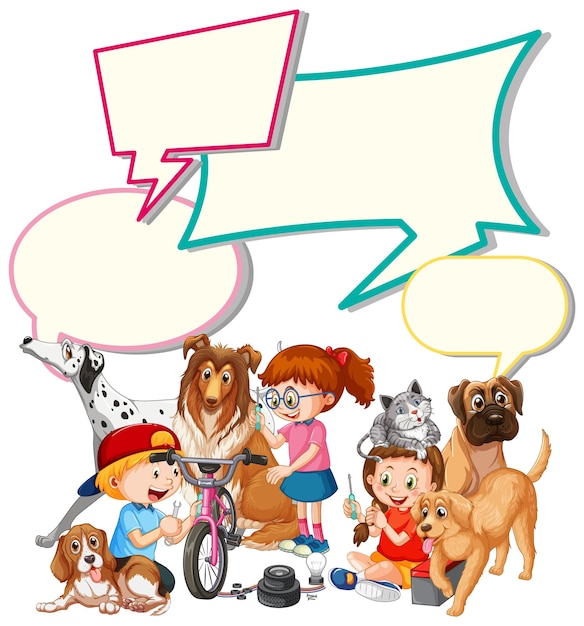 Vettore gratuito modello di fumetto con bambini e animali domestici