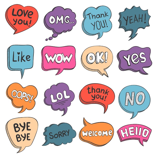 Speech bubbles. colorful doodle comic balloons with talk phrases thank you, love, like, hello and omg. cartoon message text cloud vector set. frames for communication, conversation