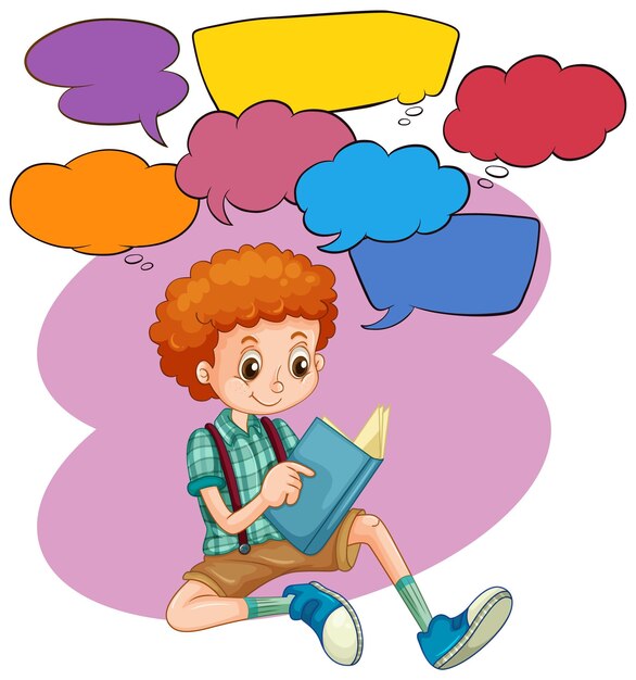 Speech bubbles with boy reading book