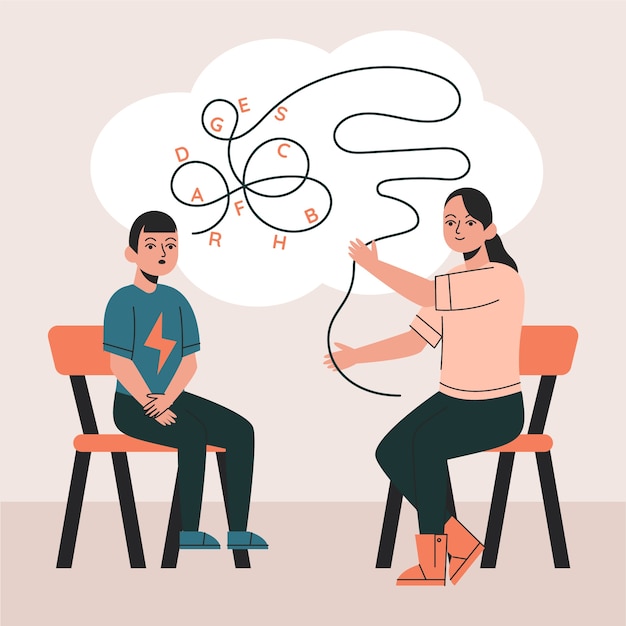 Speech therapy illustration in hand drawn style with people talking with psychologist