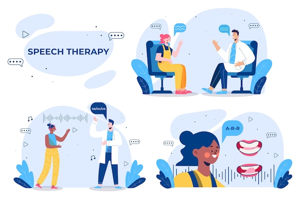 Speech therapy scenes collection in flat style