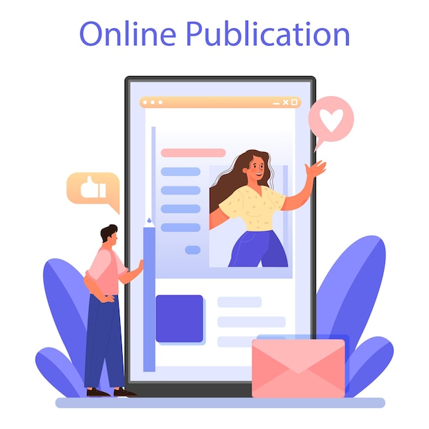 Speechwriting online service or platform Professional speaker or journalist write a content for a public announcement Online publication Flat vector illustration