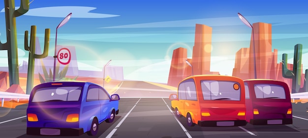 Vettore gratuito autostrada veloce nel deserto con le auto