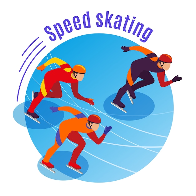 Speed skating round  with three sportsmen competing on treadmill isometric