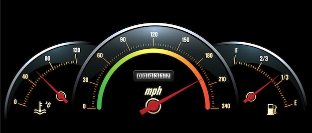 Speedometer Panel. Black panel temperature reading, speed and fuel with brightly colored scales.