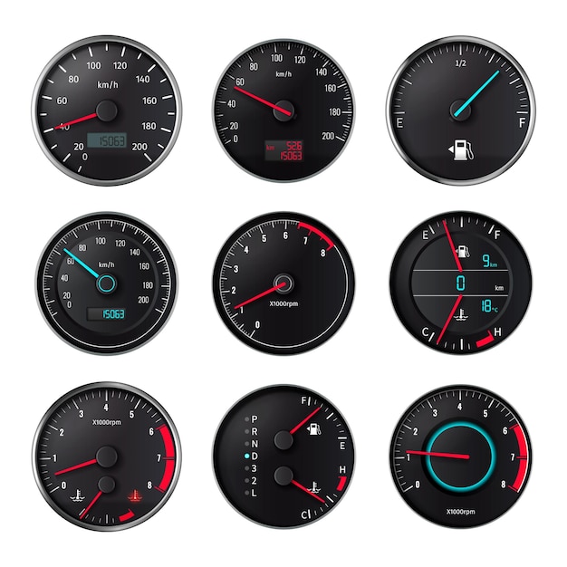 Insieme realistico del tachimetro delle icone rotonde isolate con le frecce ed i numeri con l'illustrazione di vettore del contachilometri e del contatore del carburante